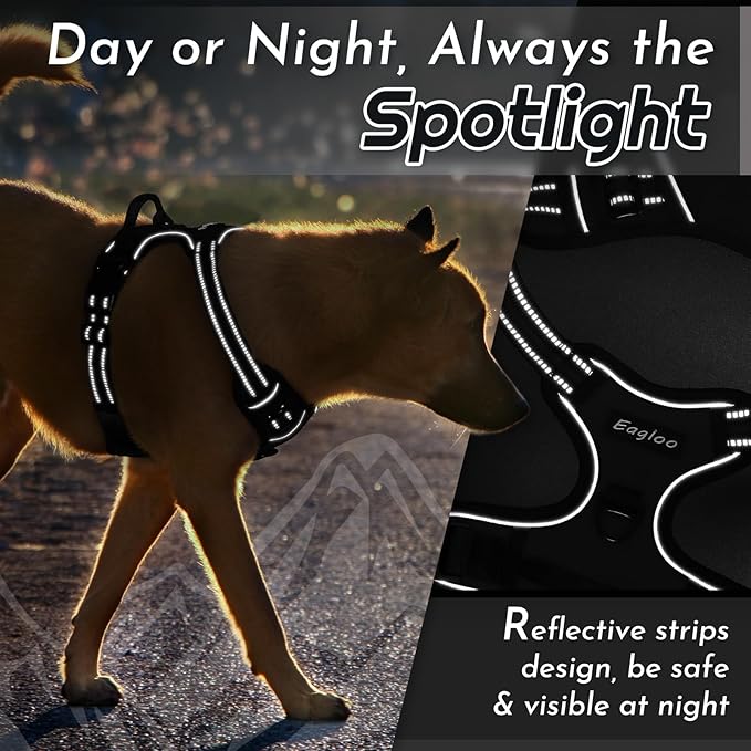 Eagloo Dog Harness Small Sized Dog, No Pull Service Vest with Reflective Strips and Control Handle, Adjustable and Comfortable for Easy Walking, No Choke Pet Harness with 2 Metal Rings, Black, S
