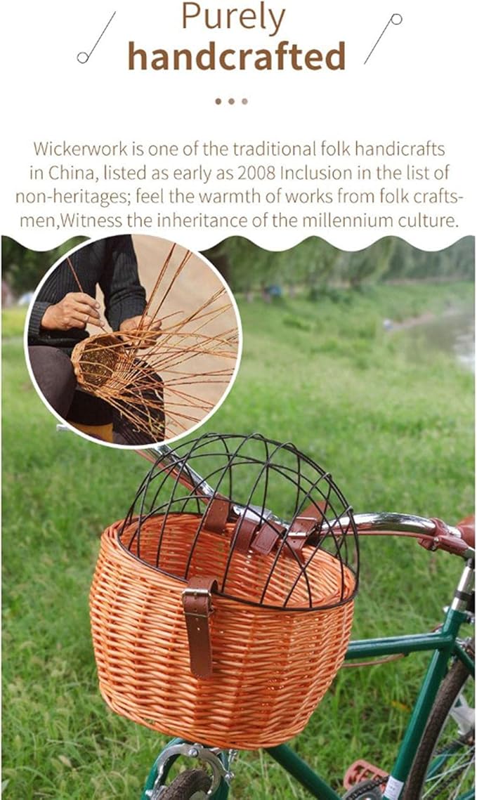 Shiker Basket with Wire Mesh Cover, Wicker Bike Basket for Small Dogs Cats, Front Handlebar Bike Basket, Easy to Detachable, 11.81 x 9.84 inch