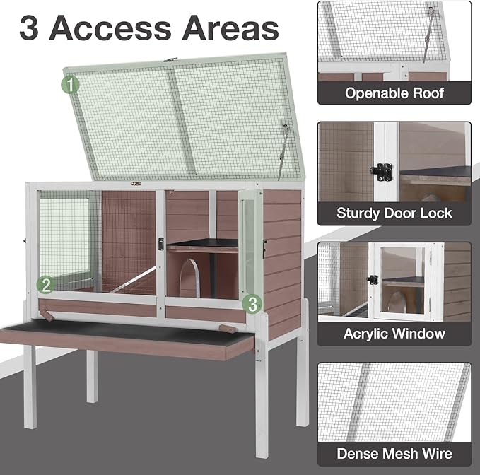 Guinea Pig Cage Indoor with Cool Zinc Plate Rabbit Hutch with Wheels and Removable Proof Tray Elevated Legs Hamster Cage with Chew-Resistant Metal Frame 36.6" L（Brown）