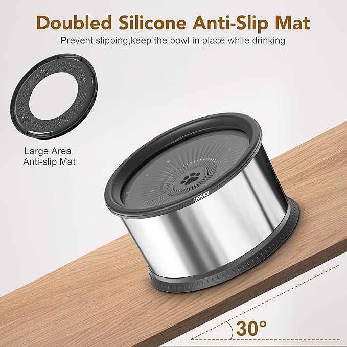 UPSKY 3.5L Dog Water Bowl,Large Capacity No Spill Dog Water Bowl,Stainless Steel Spill Proof Slow Water Feeder,No Splash Water Bowl with Anti-Slip Mat for Messy Drinkers Grey