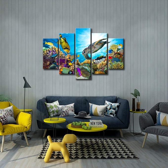 Xlarge 5 Piece Underwater World Canvas Wall Art Painting Sea Turtles Tropical Fish Swim on Coral Reef in the Sea Ocean Picture Prints Kids Room Wall Decor Stretched and Framed Ready to Hang 40x60inch