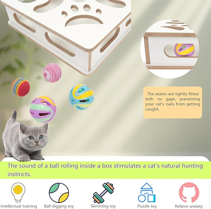 Interactive Wooden Cat Puzzle Toy Box Indoor Hunting Play Toy to Stimulate Your Cat’s Energy and Instincts (White)