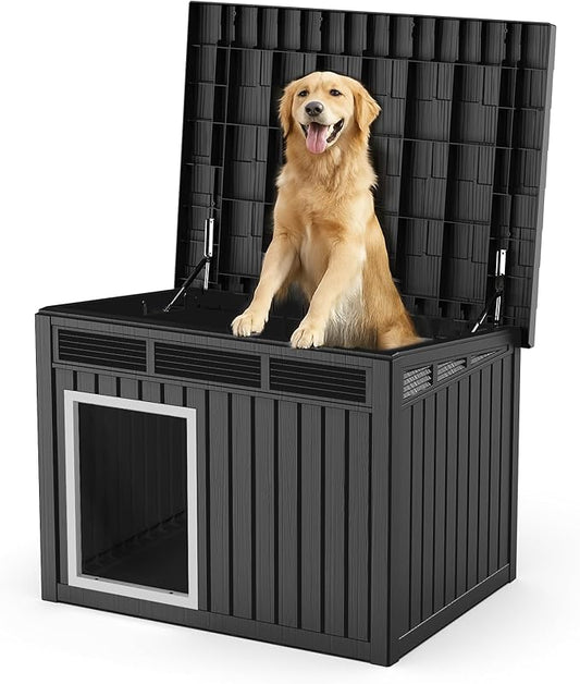 Dog House Indoor Outdoor,Resin Waterproof Puppy Shelter with Air Vents and Elevated Floor,Air Rod on Top to Open,Dog Kennel for Small to Large Dogs(Black,42.87 * 32.95 * 31.61)