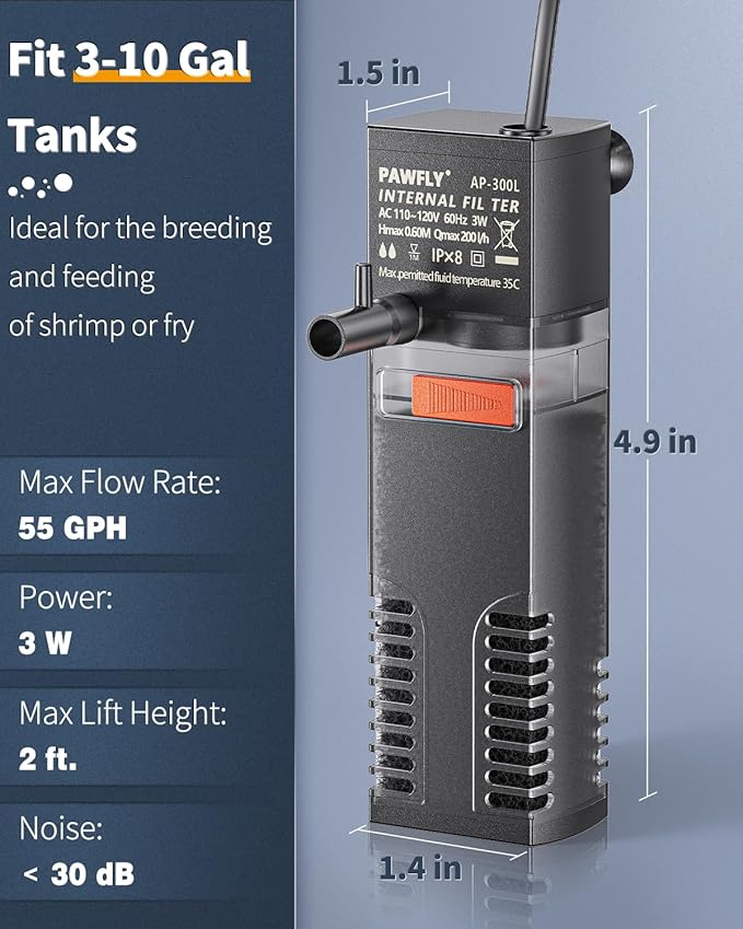 Pawfly Internal Aquarium Filter, Submersible Power Filter with 55 GPH Water Pump for 3 to 10 Gallon Fish Tanks Filtration Circulation and Oxygenation
