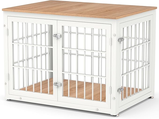 38 Inch Heavy Duty Dog Crate Furniture for Large and Medium Dogs, Decorative Pet House End Table, Wooden Cage Kennel Furniture Indoor, Natural and White
