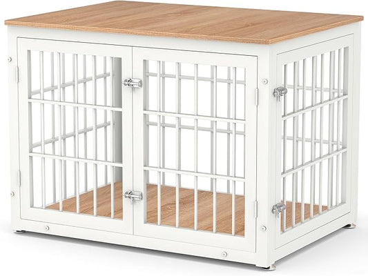 38 Inch Heavy Duty Dog Crate Furniture for Large and Medium Dogs, Decorative Pet House End Table, Wooden Cage Kennel Furniture Indoor, Natural and White