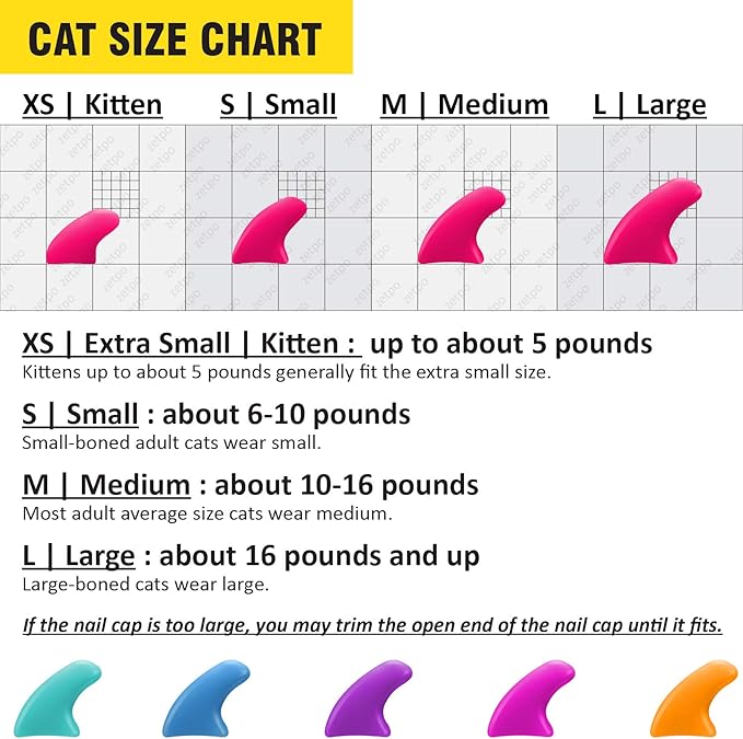 zetpo 100 pcs Cat Nail Caps | Cat Claw Covers | with Adhesives and Applicators (L, Turquoise, Sky Blue, Purple, Rose, Orange Peel)