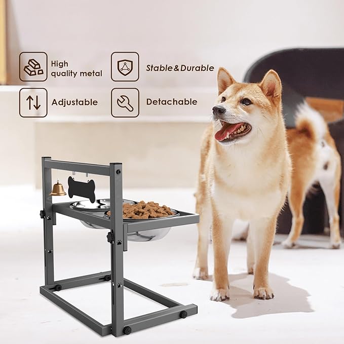 SHAINFUN Elevated Dog Bowls - Raised Stand with 2 Stainless Steel Bowls, Adjustable Height Feeder for Small and Medium Dogs, Puppies, Cats - Grey