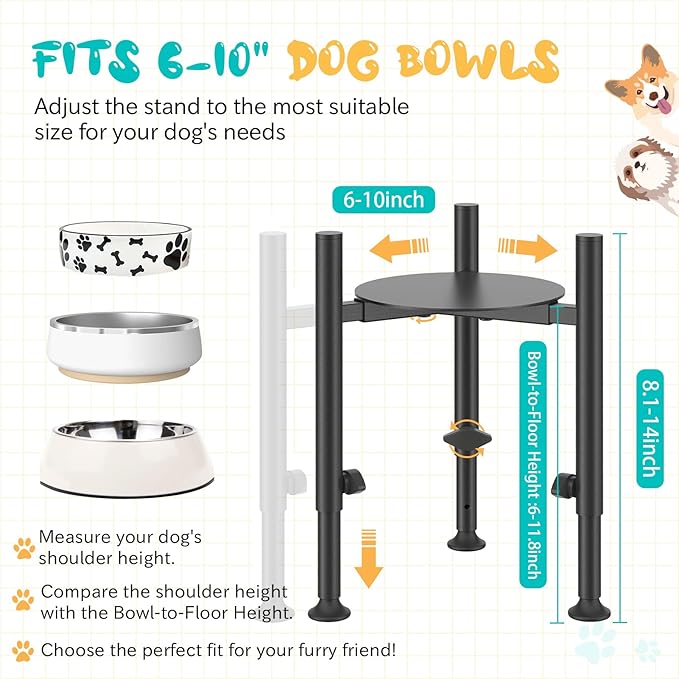 Adjustable Dog Bowls Elevated Stand- 4 Heights, Wide 6-10" -Oppro Metal Raised Tall Single Dog Food Bowl Stands Holder, Upgrade Lifted Water Feeder with Tray for Medium Large Small Breed, Black