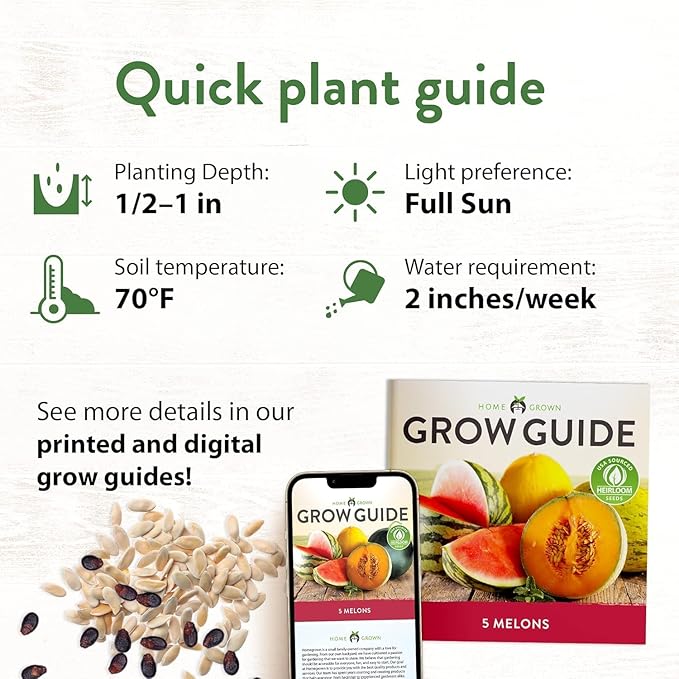 HOME GROWN 𝗨𝗦𝗔 𝗣𝗥𝗘𝗠𝗜𝗨𝗠 Melon Seeds Variety Pack 5 𝗡𝗢𝗡-𝗚𝗠𝗢 Heirloom Vegetable Seeds, Watermelon Cantaloupe Honeydew Sugar Baby & Melon, High Germination for Planting Home Garden Indoors