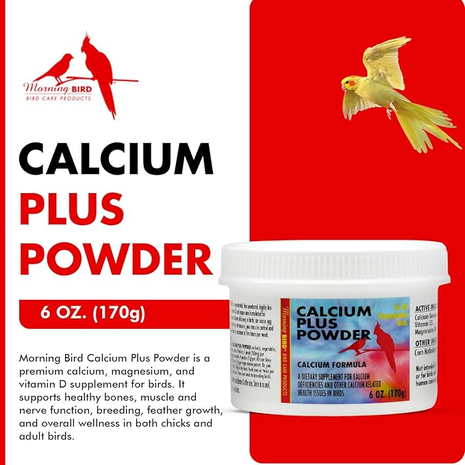 Morning Bird Calcium Plus Powder for Birds 6 oz – Calcium Carbonate Powder with Magnesium Glycinate & Vitamin D – Bone Strength & Immune Support Supplement – Calcium Formula for All Bird Sizes