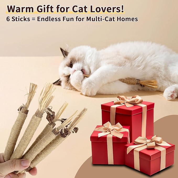 6 Pack Silvervine Cat Chew Toys, Natural Dental Sticks for Indoor Cats, Kittens Teeth Cleaning, Catnip Alternative, Interactive Play, Yellow