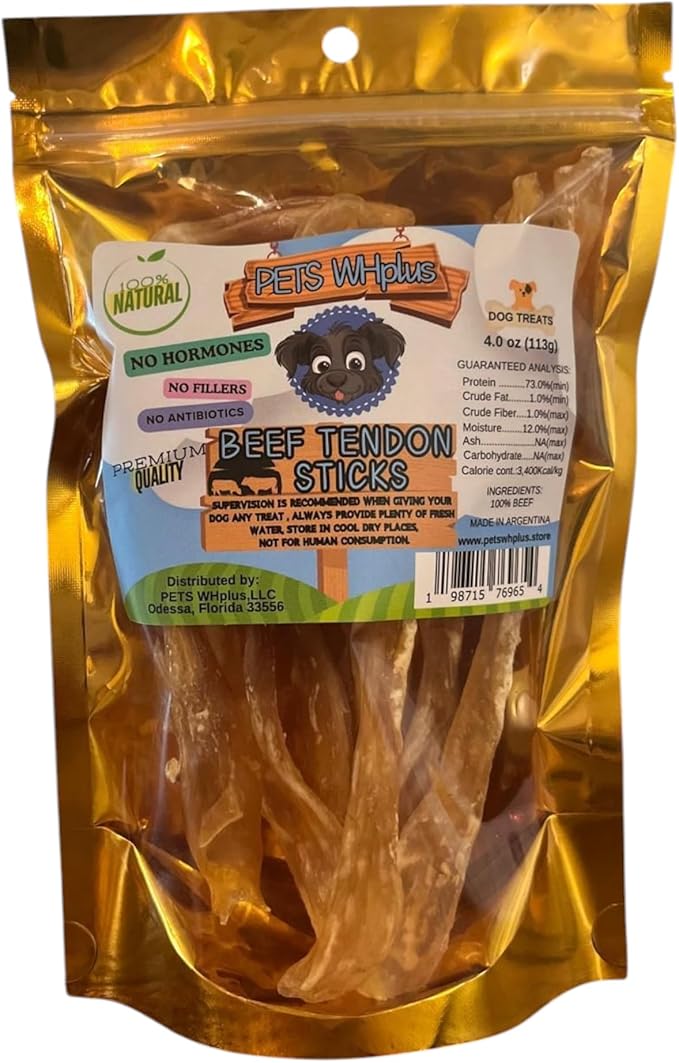 Beef Tendon Dog Treats, Single Ingredient, 100% Natural, Grass-Fed, Long-Lasting Rawhide-Free Chews, Collagen Protein, Dental & Joint Support, 4 oz, Safe & Grain-Free Snack
