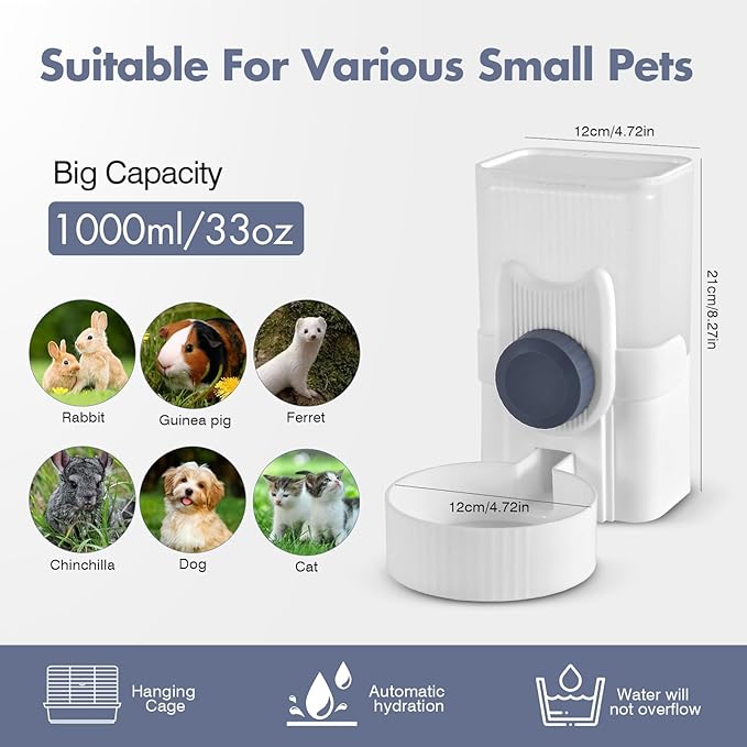 Rabbit Water Bottles 33oz Hamster Water Bottle Hanging Guinea Pig Water Dispenser No Drip Bunny Supplies for Small Pet Animal