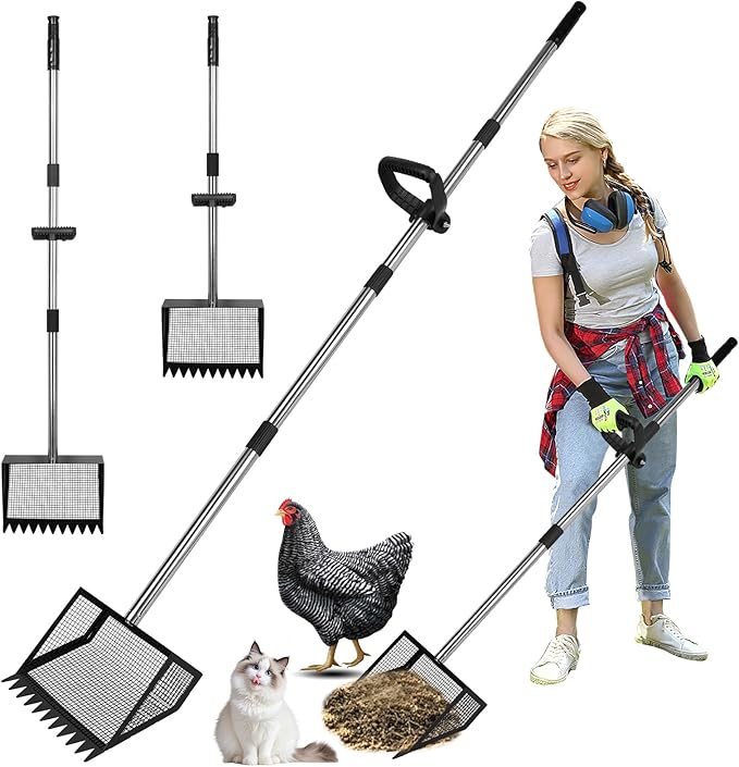 Chicken Poop Scooper and Rake with Ergonomic Handle, 2 in 1 Large Metal Chicken Coop Scoop for Poop with Adjustable Stainless Steel Pole, Sand Sifting Shovel for Chicken Coop Accessories