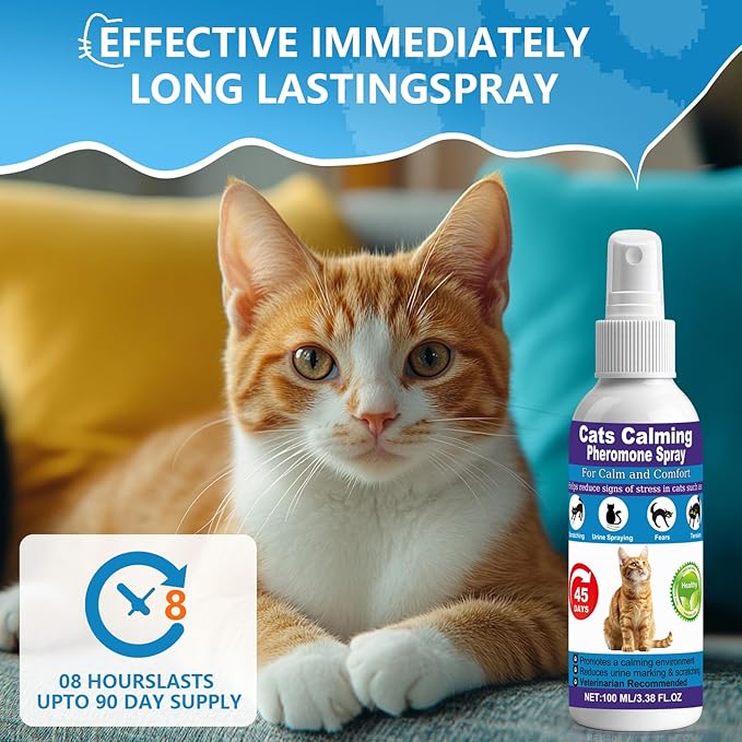 【𝐇𝐢𝐠𝐡𝐥𝐲 𝐄𝐟𝐟𝐞𝐜𝐭𝐢𝐯𝐞】Cat Calming Pheromone Spray for Stress & Anxiety Relief – Reduces Scratching, Urine Spraying, Hiding – Drug-Free & Vet Recommended – with F3 Facial Pheromone 6.76oz