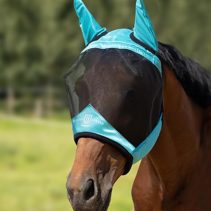 Harrison Howard Pro Luminous Horse Half Face Fly Mask Large Eye Space with Ears UV Protection for Horse Teal S