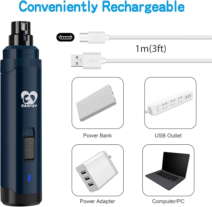 Casfuy Dog Nail Grinder Upgraded - Professional 2-Speed Electric Rechargeable Pet Nail Trimmer Painless Paws Grooming & Smoothing for Small Medium Large Dogs & Cats(Dark Blue)