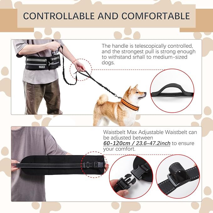 Hands-Free Waist Leash with Pouch for Two Dogs: Reflective Stitching, Dual Handle & Bungee Retractable Design – Ideal for Medium to Large Dogs (Grey) – Dog Walking Accessories