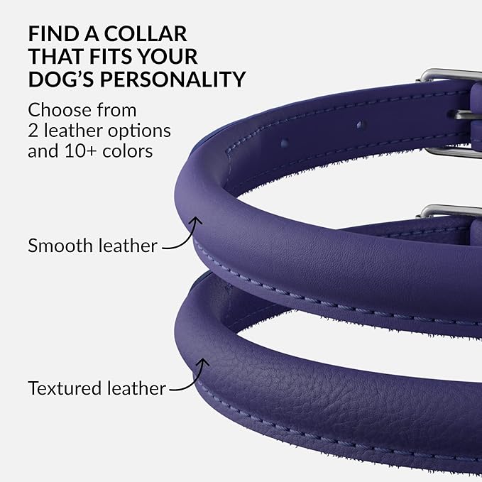 CollarDirect Rolled Leather Dog Collar, Soft Padded Round Puppy Collar, Handmade Genuine Leather Collar Dog Small Large Cat Collars 13 Colors (6-7 Inch, Purple Smooth)