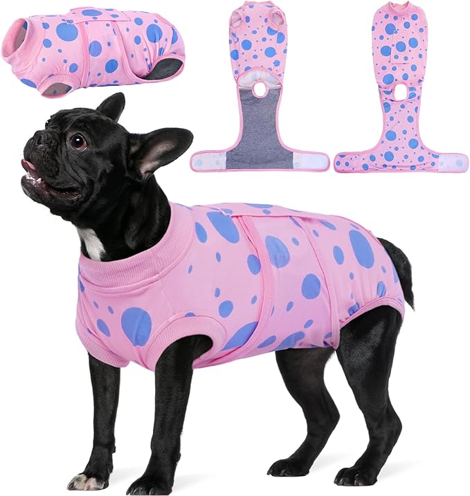 Kuoser Dog Surgery Recovery Suit, Anti Licking Pet Surgical Suit for Dogs Male Neuter, Female Dog Surgery Suit for Spay Subsititute E-Collar Cone, Dogs Body Suits After Surgery Pink Polka Dot XS