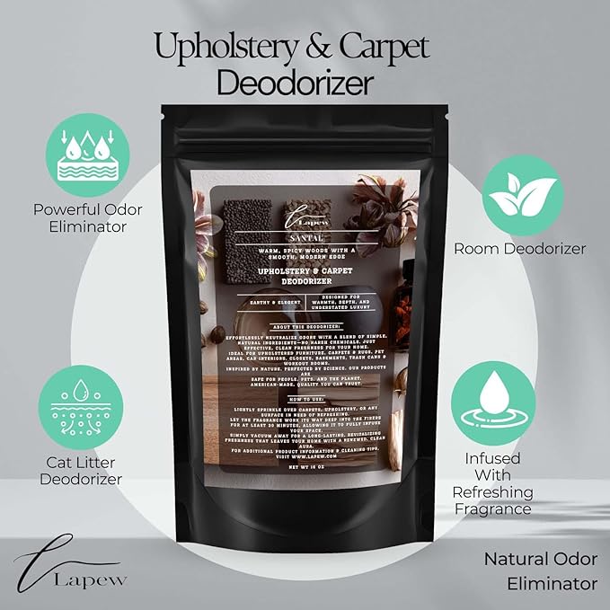 Santal Carpet Freshener Powder: Powerful Odor Eliminator for Home, Upholstery Deodorizer, Carpet Deodorizer, Pet Urine, Cat Litter Box - Santal Fragrance