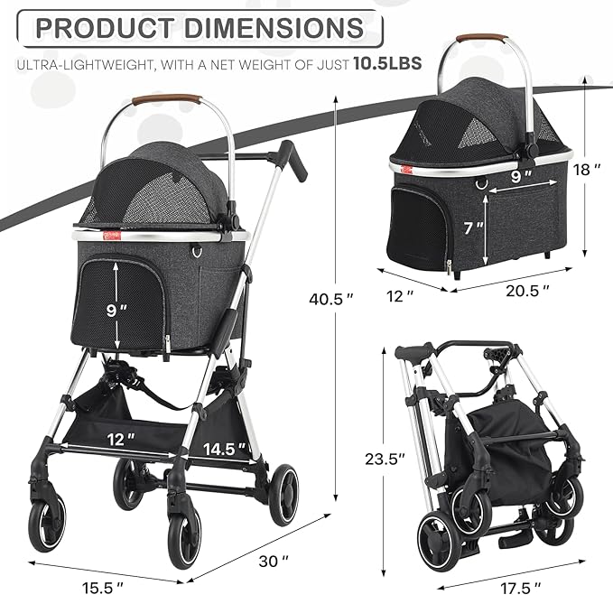 MoNiBloom Pet Stroller for Small/Medium Dogs w/Detachable Carrier & Lightweight Aluminum Frame, Folding Jogging Travel Stroller, Dark Gray