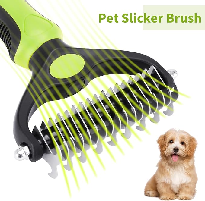 Pet Grooming Tool - 2 Sided Undercoat Rake for Cats and Dogs - Safe Dematting Comb for Easy Mats & Tangles Removing - No More Nasty Shedding and Flying Hair