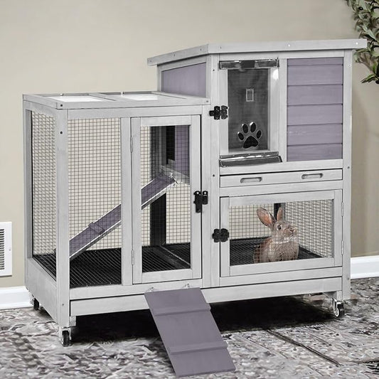 GUTINNEEN 2-Story Rabbit Hutch Indoor with Chew-Proof Ramp & Slide-Out Plastic Trays - Wooden Small Animal Cage Guinea Pig Cages with Wheels for 2-4 Rabbits, Bunnies, and Guinea Pigs (Grey)