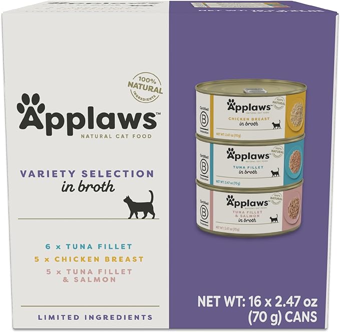 Applaws Natural Wet Canned Cat Food, Made with Limited and Natural Ingredients, Real Protein with No Artificial Additives, Variety Pack in Broth (16 x 2.47oz Cans)