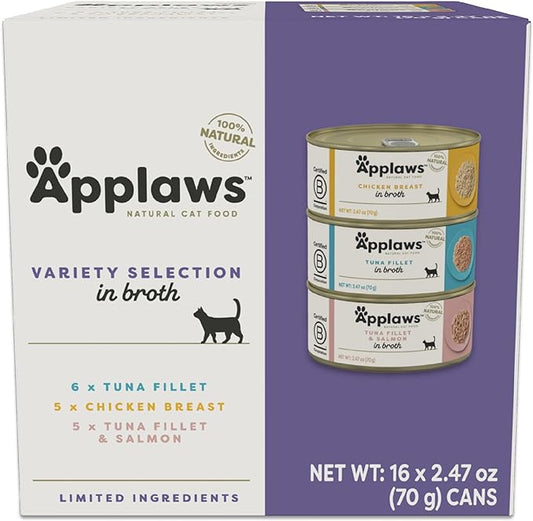 Applaws Natural Wet Canned Cat Food, Made with Limited and Natural Ingredients, Real Protein with No Artificial Additives, Variety Pack in Broth (16 x 2.47oz Cans)