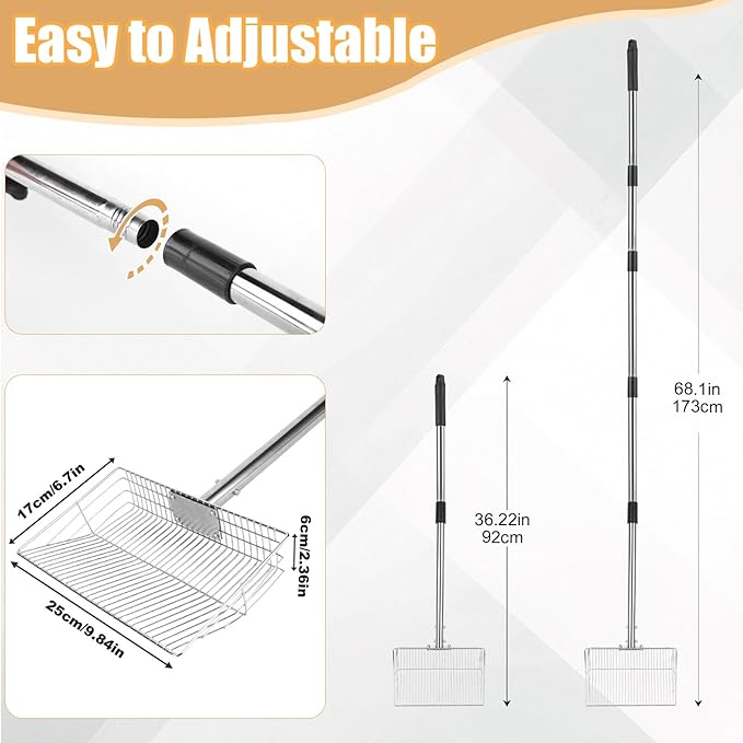 Chicken Poop Scooper with Stainless Steel Handle,24" to 68" Adjustable Length Chicken Coop Litter Scoop,4 in 1 Multifunctional Heavy Duty Litter Sifting Shovel Chicken Coop Accessories