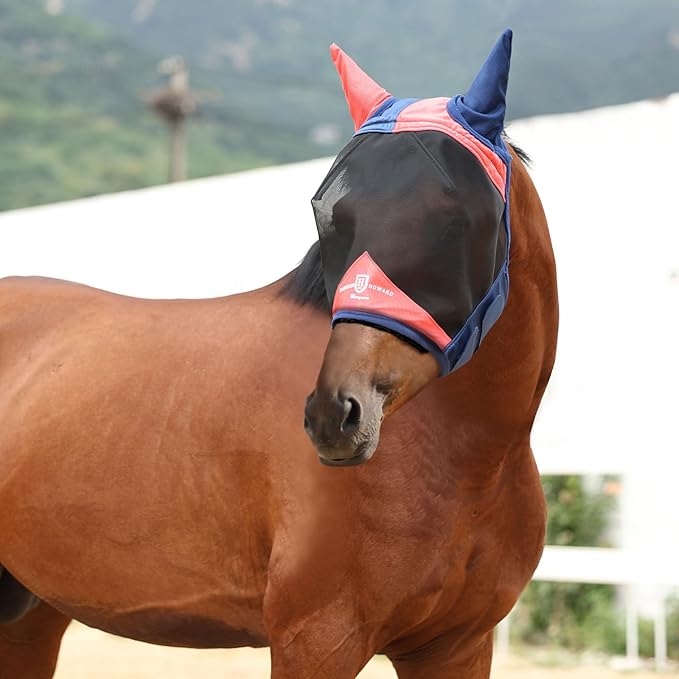 Harrison Howard Pro Luminous Horse Fly Mask Large Eye Space Half Face with Ears UV Protection for Horse Coral Orange/Navy L
