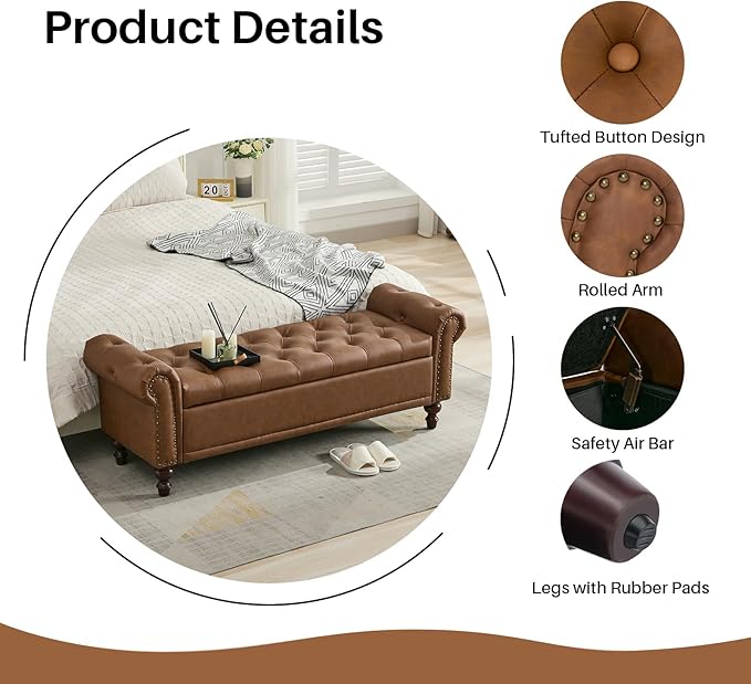 58.1'' Storage Bench Upholstered PU Leather End of Bedroom Bed Bench Ottoman with Tufted Cushioned Rolled Arm Large Storage Space for Reading Living Room Entryway, Brown