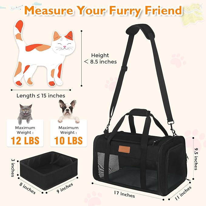 PETUX Pet Carrier Airline Approved, 17"x11"x9.5" Cat Carrier Soft with Anti-Scratch Mesh for Small Cats up to 12 lb, Top Open Portable Dog Carriers with Little Box for Puppy up to 10 lb (Black)