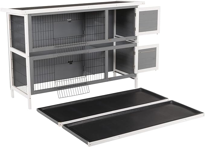 PawHut 54" 2-Story Large Rabbit Hutch Bunny Cage Wooden Pet House Small Animal Habitat with Lockable Doors, No Leak Tray and Waterproof Roof for Outdoor/Indoor Dark Grey