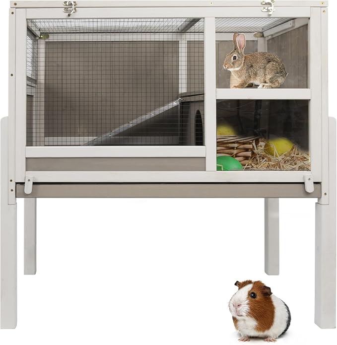 38" L Rabbit Hutch Bunny Cage,Fir Wood Rabbit Cage Indoor Outdoor with Pull Out Tray,Bunny Hutch with Ramp and Hideout,Guinea Pig Cages Rabbit Hutch Indoor with Detachable 4 Legs