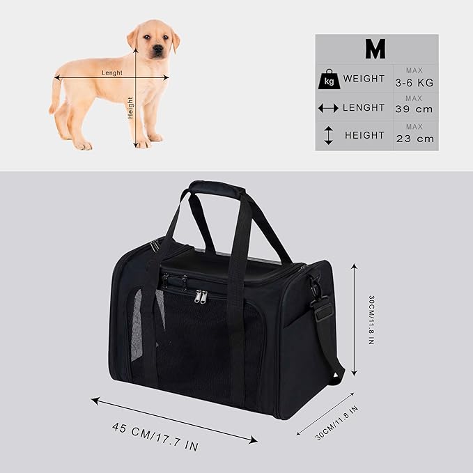 Airline Approved Soft Sided Pet Carrier for Small and Medium Dogs, Cats, and Puppies (Up to 15 lbs), Collapsible Portable Travel Bag for Dogs Cats (Black)