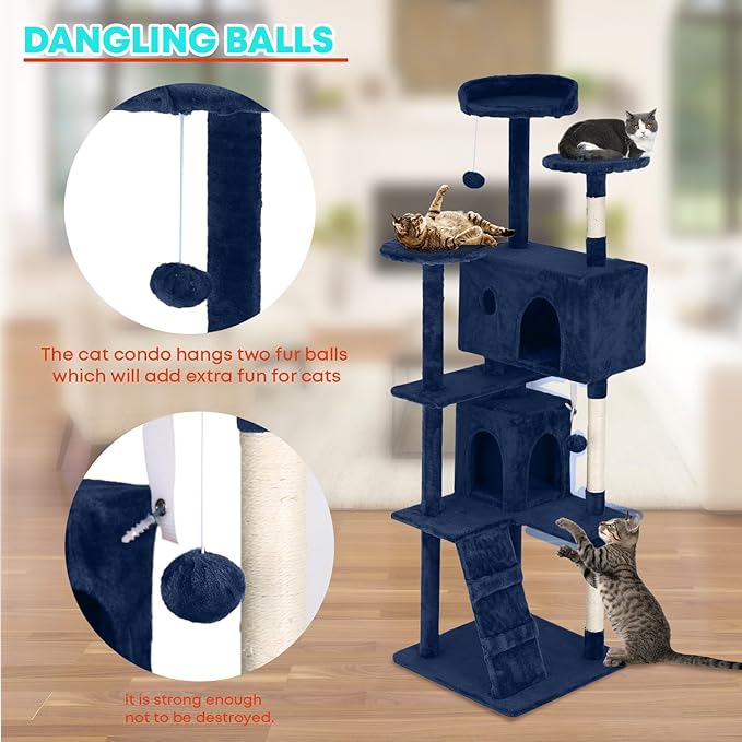 FDW Cat Tree 70in Cat Tower Multi-Level Durable Cat Scratching Post & Cozy Fun Cat Jumping Platform Space Saving Cat Condo Pet Play House for Indoor Cats,Navy Blue