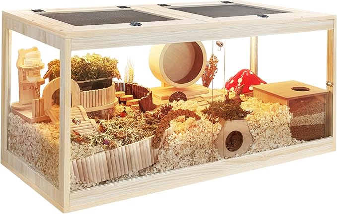 Hamster Cage with Openable Metal Mesh Top,Hamster Enclosure and Gerbil Cage with Clear Panels for Hamster Habitat,Solid Built with Lock Design (40“x20”x20)