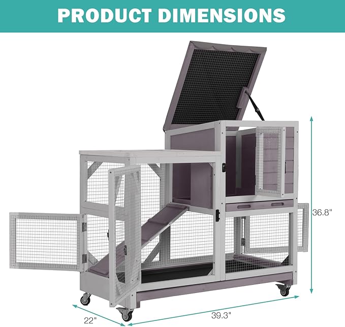 Rabbit Hutch Indoor for 2-4 Rabbits & Guinea Pigs，Bunny Cage with Slide-Out Plastic Trays，Wooden Small Animal Cage for Rabbits, Bunnies, and Guinea Pigs