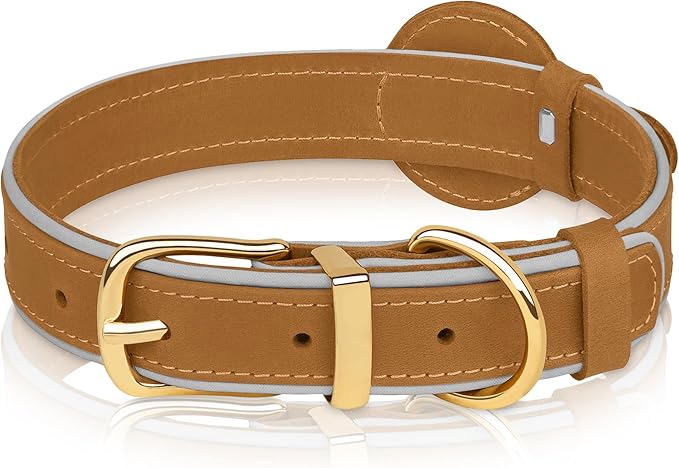 OOPSDOGGY Reflective Geniune Leather Airtag Dog Collar Soft Padded Collars for Small Medium Large Breed Dogs Puppy, 4 Sizes, 7 Colors (Camel, Medium, 12"-15")