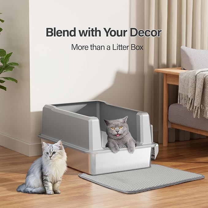 Stainless Steel Jumbo Open Cat Litter Box, XXXL 28"x20.5"x14" for Large Cats & Multi-Cat Households, Anti-Leakage High Walls & Non-Slip Base, Non-Sticky, Easy Clean Durable Metal Litter Pan