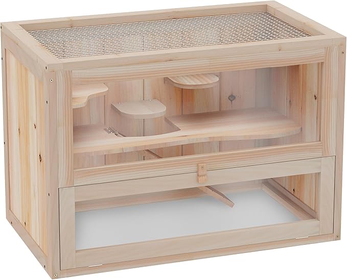 PawHut 2-Level Hamster Cage Mice and Rat House, Small Animal Habitat for Chinchillas with Openable Top, Front Door, Shelf and Ladder, Natural