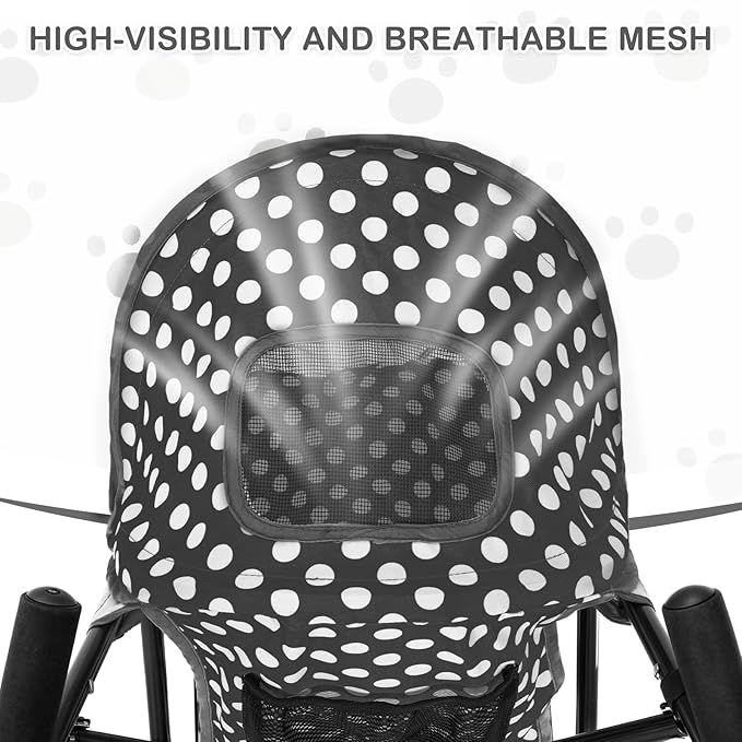 MoNiBloom 4 Wheels Pet Stroller, Easy-Fold Umbrella Shaped Dog Cat Jogger Stroller w/Storage Bag & Visible Mesh for Small/Medium Dogs Cats Black Polka Dots