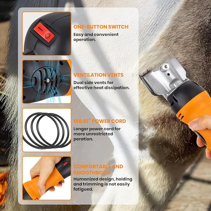 Horse Clippers Professional Electric horse Grooming Kit, Shaving Equine Clippers for Horses Goat Cattle Thick Coat Animals, 6 Speeds Large Heavy Duty Farm Livestock Haircut Trimmer （600W, 2 Blades）