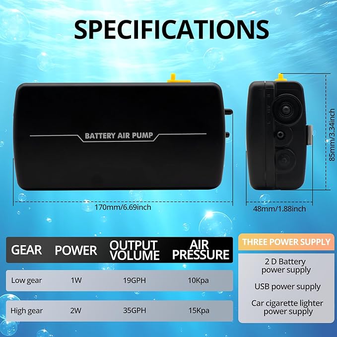 Small Aerator for Fish 19GPH-35GPH, Minnow Bucket USB Aerator, Bait Bucket Adjustable Aerator Pump, Quiet Voice, with Car Cigarette Lighter, Suitable for Fishing Enthusiasts