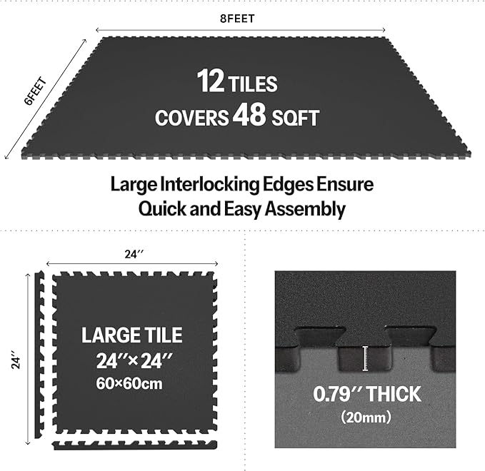 AIRHOP 0.79in Thick 48 Sq Ft Exercise Equipment Mats, 12 Tiles Upgraded Rubber Top with High Density EVA Foam, Large Interlocking Puzzle Gym Flooring for Home Gym, Heavy Weight Workout,Black