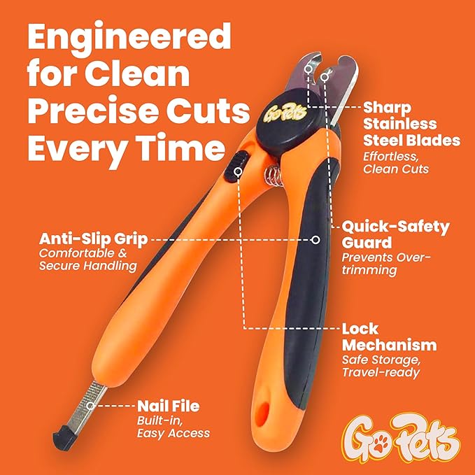 GoPets Nail Clipper for Large Sized Pets, Quick Sensor Safety Guard, Heavy Duty Trimmer for Thick Nails, Stainless Steel Blades, Grooming Tool for Dogs & Cats, Non-Slip Handle, Built-in Nail File