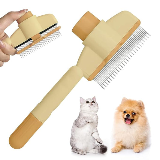 Flea Comb for Cat Hair Removal Comb, 2025 New Self-Cleaning Flea Brush for Cats and Dog, Comfort Cat Hair Removal Tool with Long & Short Stainless Steel Metal Grooming Brush(Yellow)